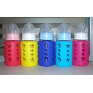 China 9oz glass baby milk feeding bottle 240ml with silicone sleeve and cover on sale