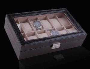 Quality Black Leather Watch Display Box, Removable Pillows for 12 Timepieces, Closure, See-trough Window. Custom Logo Accepted for sale