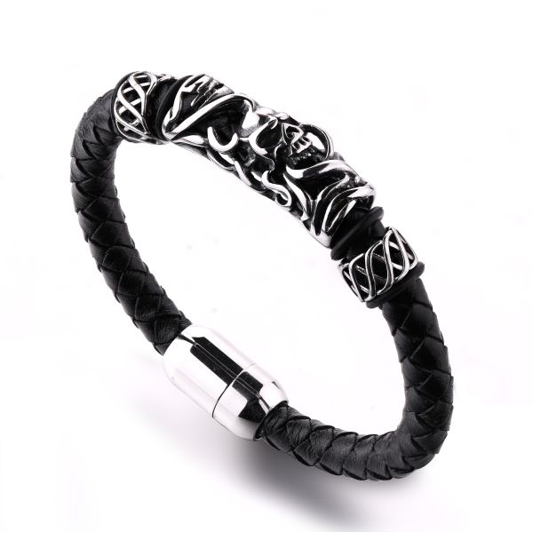 Cheap price black plated the north skull metal charm black leather men skull bracelet for wholesale