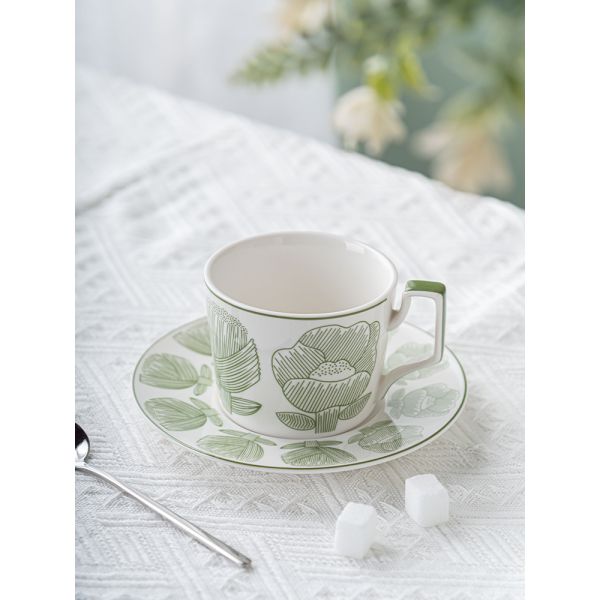 Sustainable Nordic Style Printed Flower Ceramic Coffee Cup And Saucer 200ml Volume