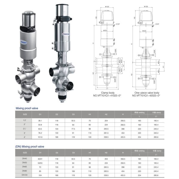 Sanitary Double Seat Mixproof Valve Dimension