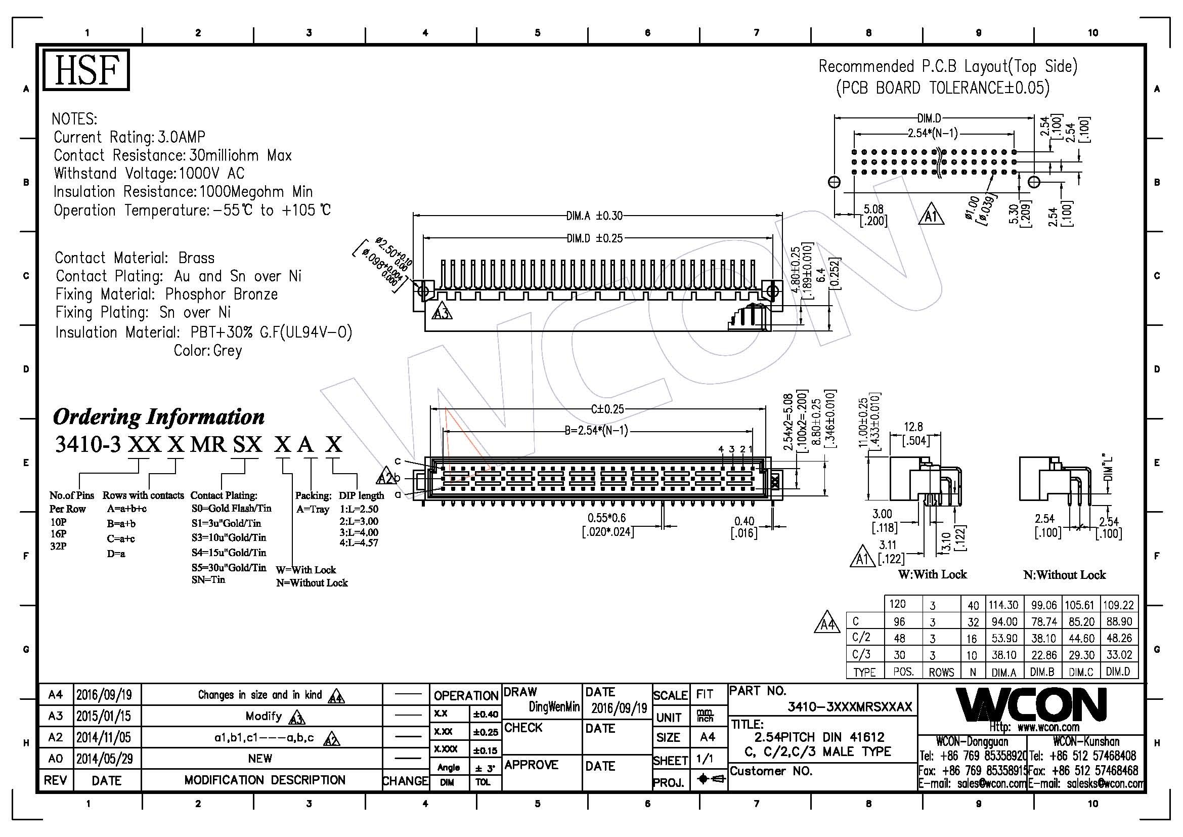 90°DIP PBT Male Din41612 WCON Connector Phosphor Bronze 2.54 Mm Pin Connector
