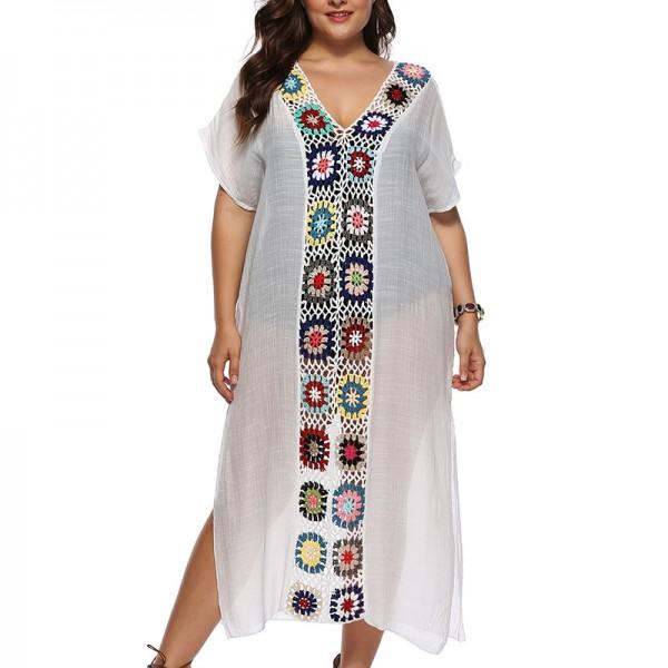 Women white see-through beach kimono style maxi dress with flower print