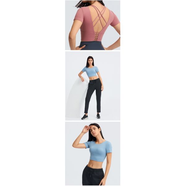 Women Lulu Cropped Yoga Padded T Shirt Breathable Cross Back Gym Energy Top