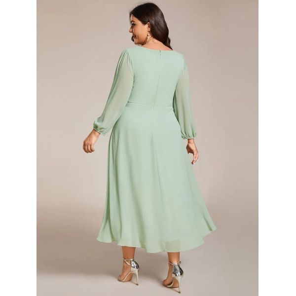 Elegant Empire Long Sleeve V-neck High Low A-line Ruffled Midi Mint Green Chiffon Wedding Guest Evening Dress