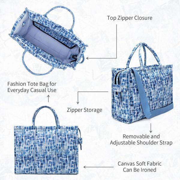 CANVAS TOTE BAG FOR WOMEN FASHION HANDBAGS SHOULDER BAG WITH ZIPPER CROSSBODY PURSE FOR WORK TRAVEL