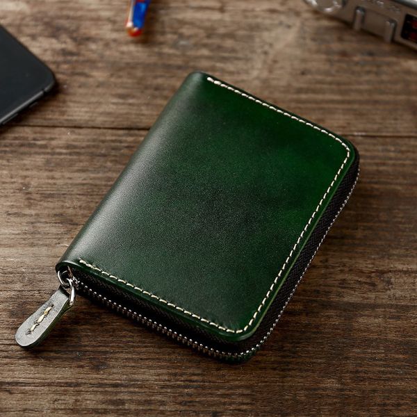 Retro Style Short Zipper Wallet Money Cloth Made of Vegetable Tanned Cowhide Leather