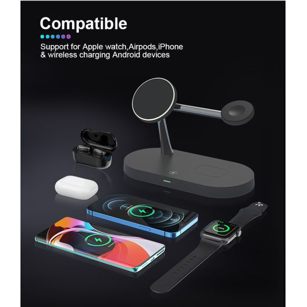 CE/FCC/RoHS Approved 15W Magnetic Wireless Charger for Fast Charging and 2W Watch Charging