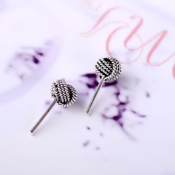 Sterling Silver Bead Stud Earrings Vintage Old Jewelry (E12286)