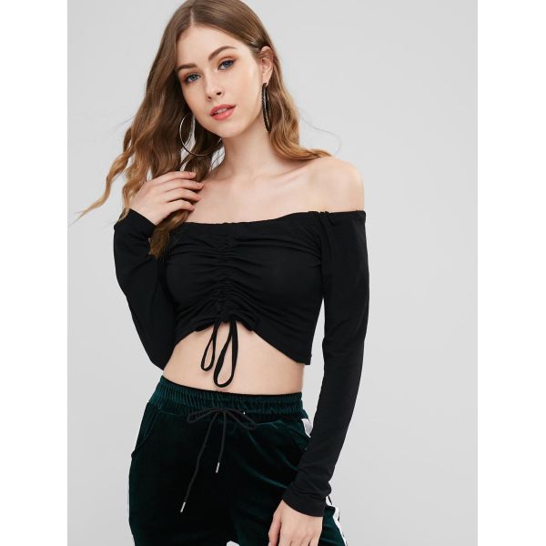 Women Off Shoulder And Long Sleeve Drawstring Front Crop T-shirt