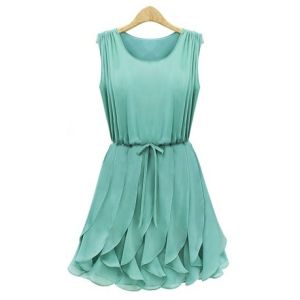 Green Belt Short Flared Dresses , Summer Round Chiffon Skirts