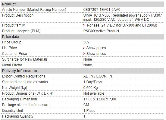 6ES7307-1EA01-0AA0 6ES7 307-1EA01-0AA0 Siemens Power Supply Module