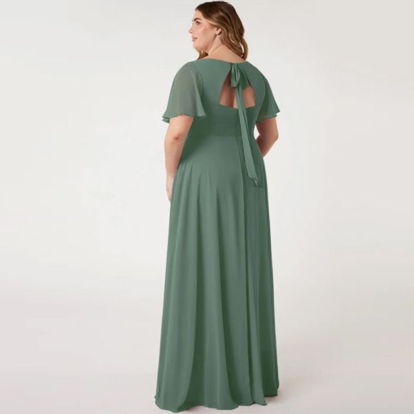 Beautiful Fashionable Flounce Short Sleeve V-Neck Chiffon Long Evening Dress Plus Size Front Split Slit Ruched A-Line