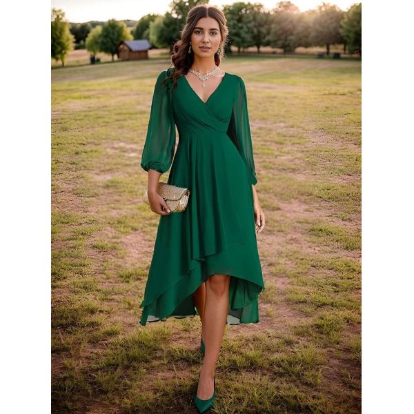 Elegant Empire Long Sleeve V-neck High Low A-line Ruffled Midi Dark Green Chiffon Wedding Guest Evening Dress