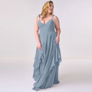 New Style V-neck Dusty Blue Chiffon Tiered A-line Bridesmaid Dress Zipper