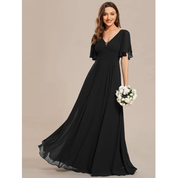 Simple V-neck Zipper Short Sleeves Empire Waist A-line Maxi Ruffled Black Chiffon Evening Dress