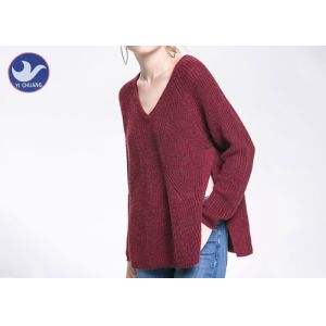 Big Side Slit Ladies Chunky Wool Jumpers , Women's V Neck Wool Sweater Red Color