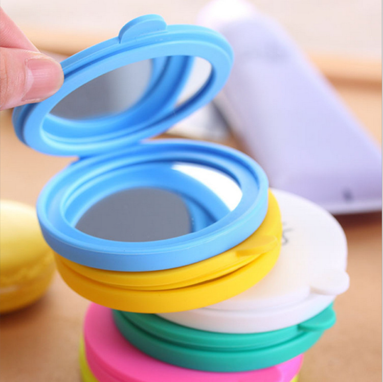 Modern Round Silicone Glass Cosmetic Double Side Fold Portable Makeup Pocket Mirror