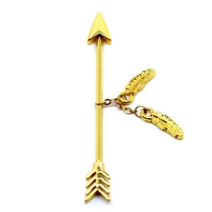 Gold plated arrow industrial piercing bars with feather dangle