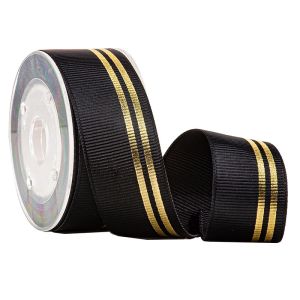 Black Printed Grosgrain Ribbon Foil Gold Lines For Luxury Fragrance Packaging