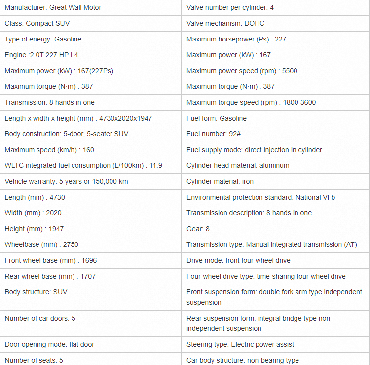 Wey Tank 300 SUV Euro VI Emission Standard and Electric Adjustment Heating Mirror