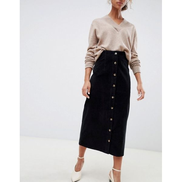 Buy OEM hot selling button through midi skirt in washed black at wholesale prices