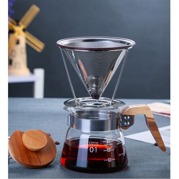 V6 Pour over Stainless Steel Coffee Maker Tools with Transparent Glass Filter Dripper