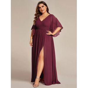 Empire Plus Size V-neck Ruffled A-line Invisible Zipper Half Flutter Sleeves
