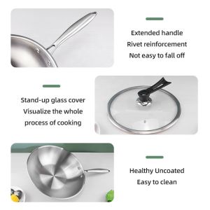 Customized Kitchen 18/8 Stainless Steel Wok Tri-ply Non-stick Frying Pan