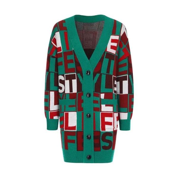 V Neck Puffer Down Coat Long Sleeved Monogram Jacquard Knitted Cardigan Coat