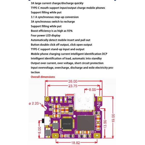 IP5310 Step-Up Power Module Type-C USB Boost Converter 5V 4.2V 3A Lithium Battery Charging Board with LED Indicator