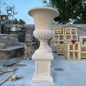 Beige Marble Flowerpot Natural Stone Travertine Vase Planter Classic Garden