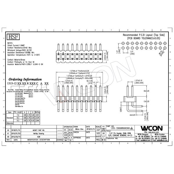 1.27 Mm Pin Header Right Angle high temperature plastic DIP H=1.5 PA9T black UL94V-0