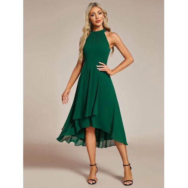 Sexy A-line Sleeveless Halter Neck Wedding Guest Dress Dark Green Chiffon