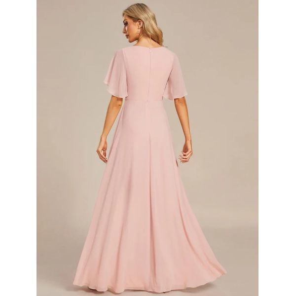 Sexy Empire Applique A-line Short Flutter Sleeves V-neck Invisible Zipper Pink Chiffon Homecoming Dress