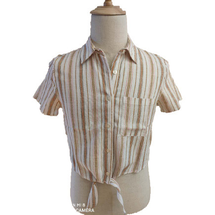 Buy Tie Front Short Sleeve Female Brown Striped Blouse at wholesale prices