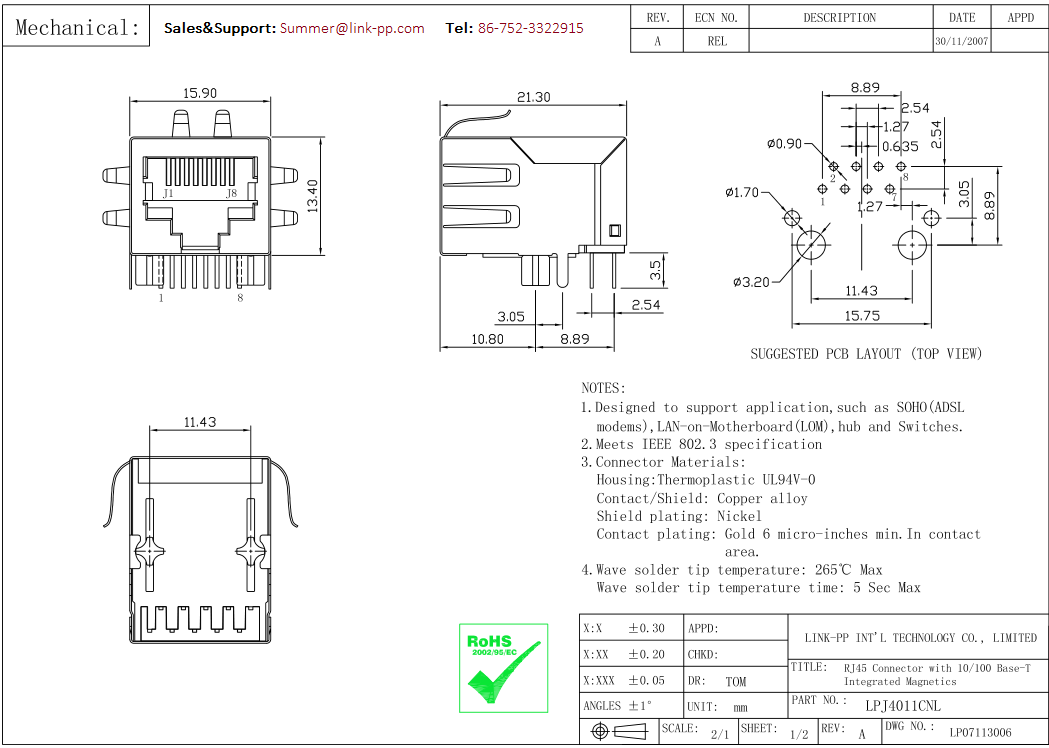 HFJ11-E2450E-RL Magnetic RJ45 Jack10 / 100Base-T LPJ4011CNL Network extender