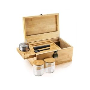 Combination Lock 10.3in Wooden Cigar Box Glass Jars Bamboo Box With Lock