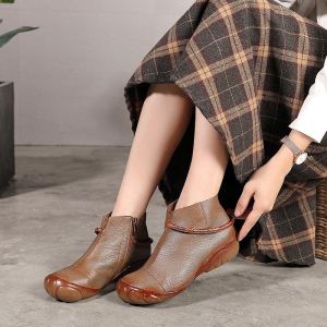 S314 Autumn/Winter Retro Literary Leather Short Boots Ethnic Style Flat Round
