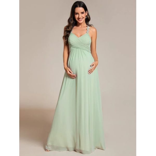 Empire A-line Backless Floral Halter Neck V-neck Pleated Cut-out Back Zipper Mint Green Chiffon Bridesmaid Dress