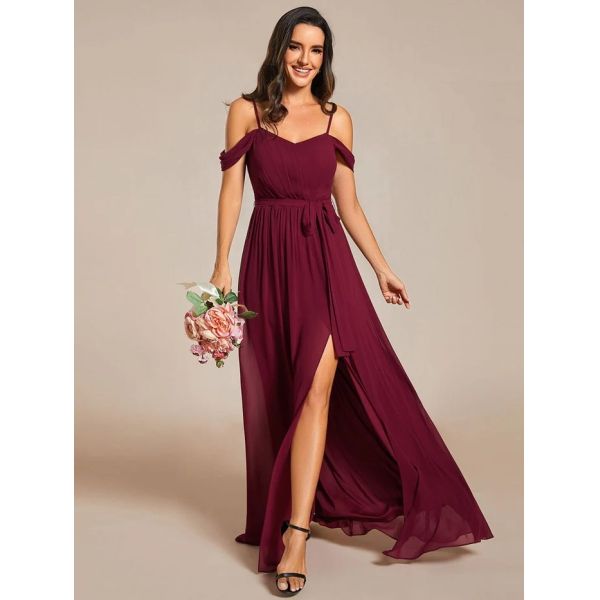 Plus Size A-line Ruffled V-neck Spaghetti Strap High Slit Burgundy Chiffon Party Dress