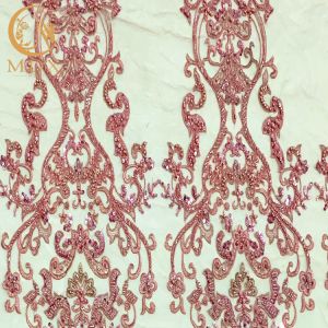 OEM Pink Beaded Lace Fabric For Evening Dress Garment