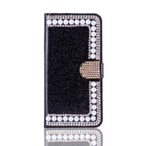 High Quality Pearl Design Diamond Stand Bling Crystal Leather Wallet Phone Case