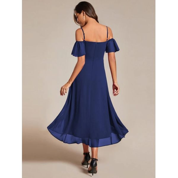 Empire Off-shoulder Spaghetti Strap Zipper High-low Wedding Guest Dresses Short Sleeves Navy Blue Chiffon Party Dress