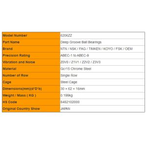 6206ZZ NTN Shielded Bearings Single Row Chrome Steel for Water Pump
