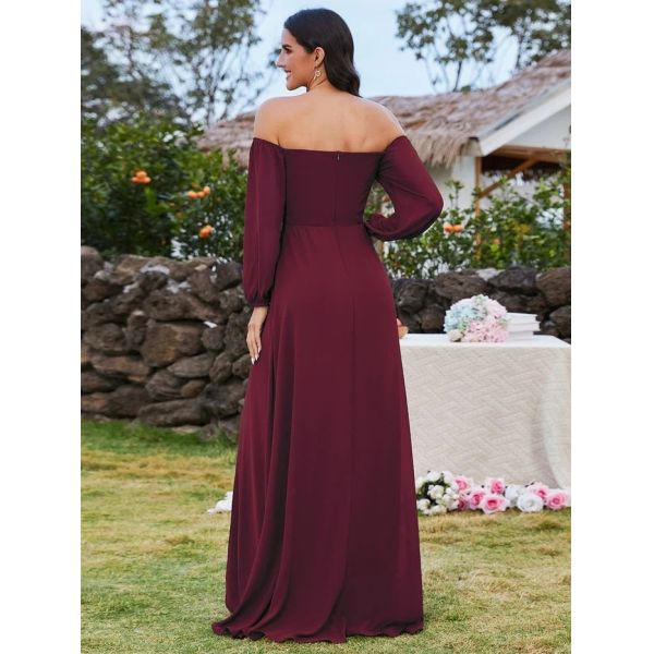 Plus Size Ruffled Long Sleeve High Slit Off-shoulder High Slit Burgundy Chiffon Prom Dress