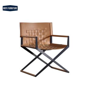 CUSTOM Modern Nordic Design Minimalist Stainless Steel Leisure Arm Chair Brown Saddle Leather Home Dining Chair Seating