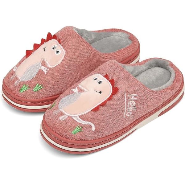 Fun DIno Featured Kids Slippers Warm Faux Fur Lining for Winter Comfort