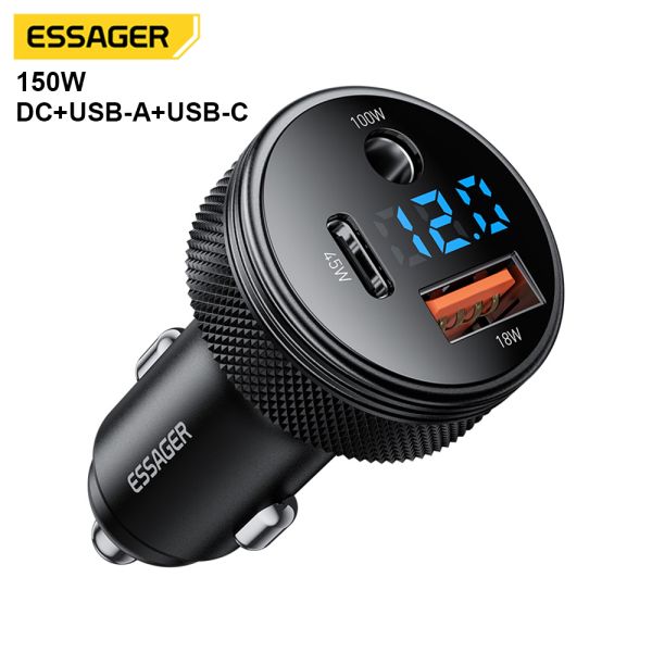 Buy ESSAGER ES-CC26 150W USB C USB A DC 3 Port Fast Car Charger With Digital Display at wholesale prices