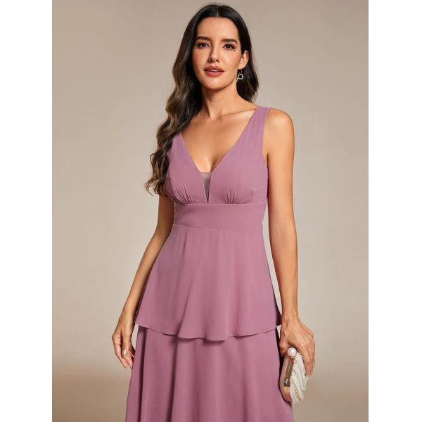 Multi-layered Hem V-neck Sleeveless A-line Purple Orchid Chiffon Wedding Guest Dress Graduation Dresses
